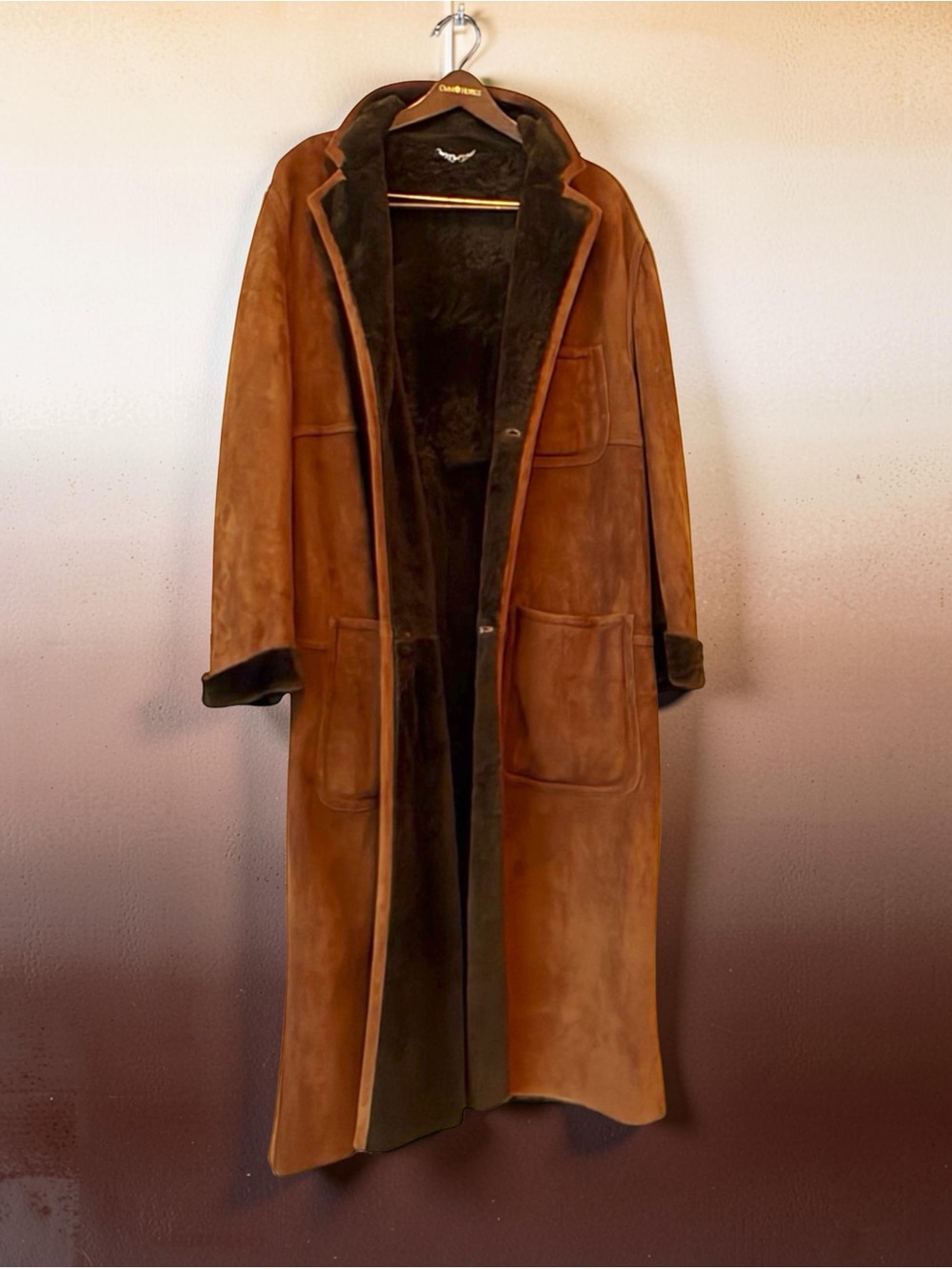Asprey London Men's Nappa Lambskin Shearling Overcoat | Cognac Brown |  Size XL